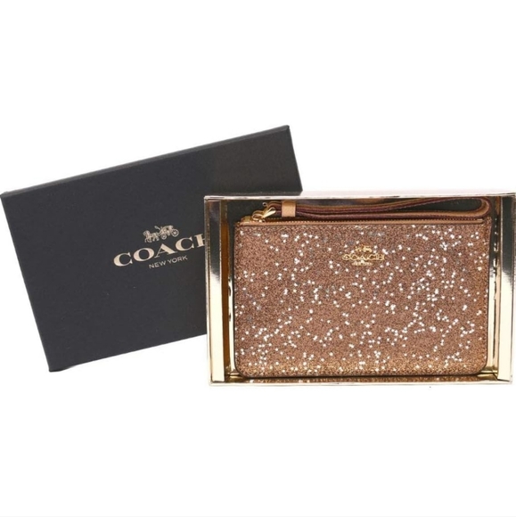 Coach F22705 IMGLD Star Glitter Gold Printed Coated Canvas Corner Zip Wristlet W - Picture 2 of 14
